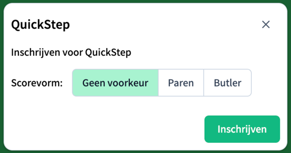 De inschrijfdialoog met de scorevorm-keuze